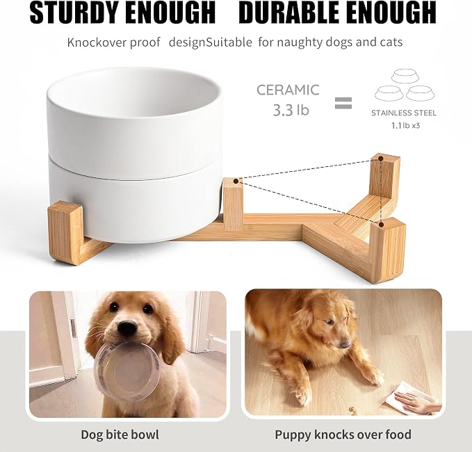 Mowtanco White Ceramic Dog & Cat Bowl Set – 13.5 OZ with Wooden Stand, Non-Slip, Elevated Design for Small Dogs & Cats – 2 Bowls (Food & Water, Ceramic Pet Bowls, Modern Dog Bowls)