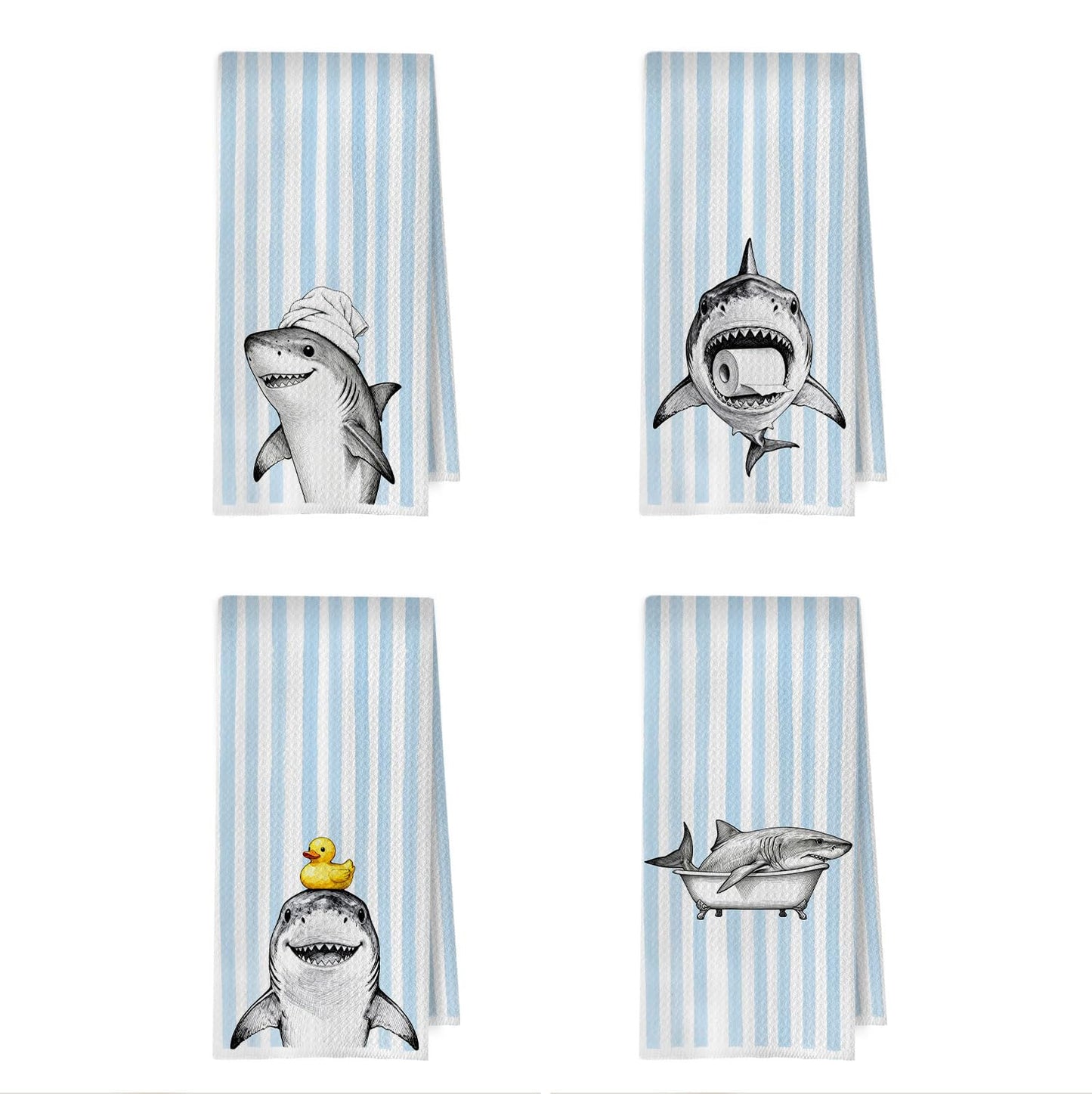 XIVENHAVM Funny Shark Bathroom Decor Set - Wild Animal Decorative Waffle Hand Towels, Shark Gifts Hand Towes for Kid Bathroom Washroom, 16x24 Inch Set of 4