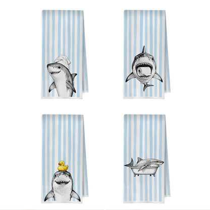 XIVENHAVM Funny Shark Bathroom Decor Set - Wild Animal Decorative Waffle Hand Towels, Shark Gifts Hand Towes for Kid Bathroom Washroom, 16x24 Inch Set of 4