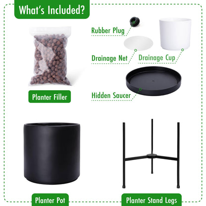 D'vine Dev Modern Black Plants Pot Cylinder Planter with Heavy Duty Stand, Small 8 Inch Pot, 12.6 Inch with Stand Height, 96-T-B-1