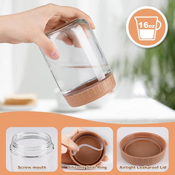 SHOWIN Overnight Oats Containers with Lids, 16oz Glass Jars with Lids 4 pcs, Taffy, Wide Mouth Mason jars for Salad, Yogurt, Snacks, Meal Prep
