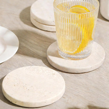 Huazzzyi Beige Travertine Coasters Set of 4 – Natural Absorbent Round Stone Coasters with Storage Rack, Handmade Marble Coasters for Coffee Bar, Dining Table, Housewarming Gift