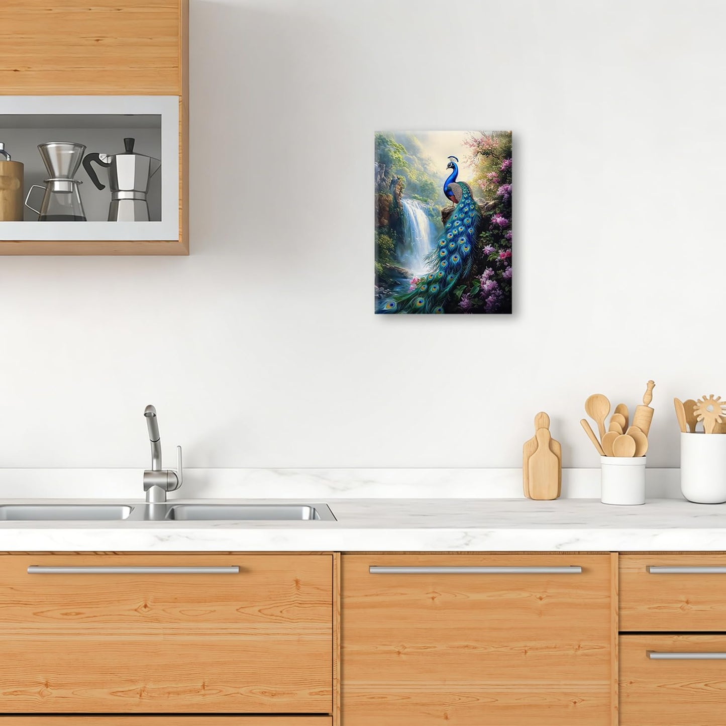 Peacock wall art, Flower Waterfall Pictures Wall Decor, Peacock Canvas Prints Painting, Framed Fashion Artwork for Bathroom Bedroom Living Room Kitchen Dinning Room Office Home Decoration 12x16