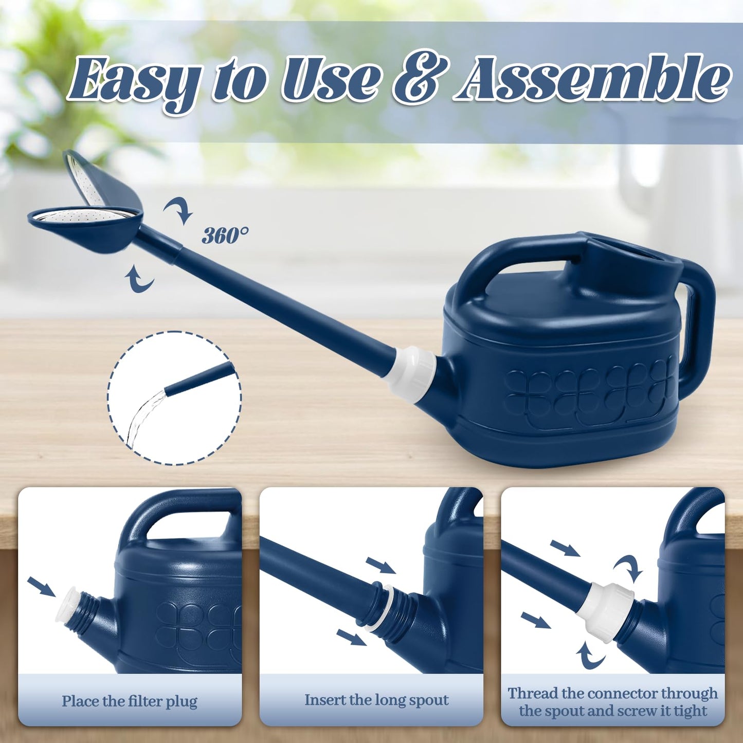 1 Gallon Watering Can, Garden Watering Can Outdoor, Plant Water Can with Removable Long Spout and Stainless Steel Sprinkler Head, Plastic Indoor Watering Cans for Gardening Flower Plants
