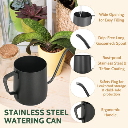 Small Watering Can Indoor Plants - 12 oz Mini Metal Watering Can with Long Spout Rust-Proof Stainless Steel Tiny Watering Pot for Small Indoor Plants Home & Office Black