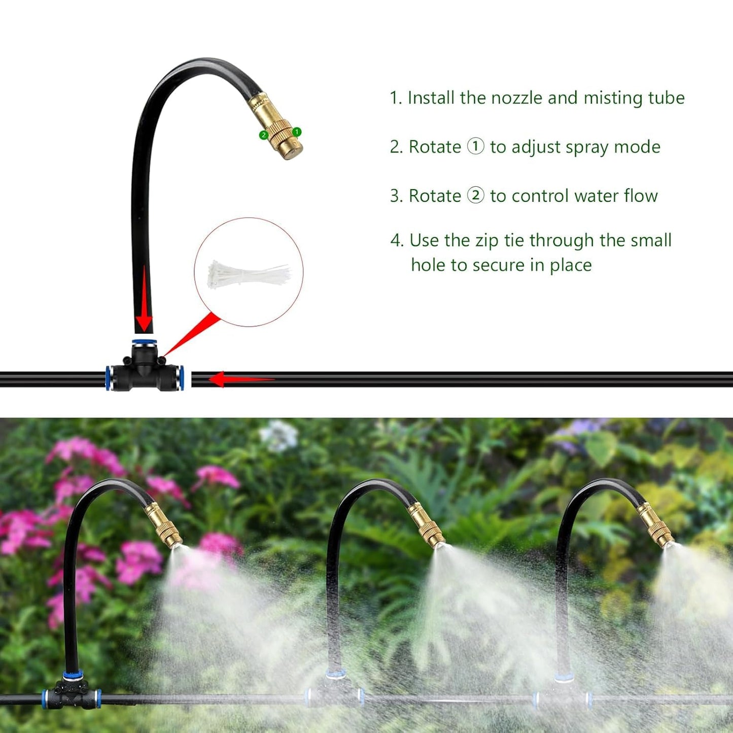 HEKIWAY 50FT Drip Irrigation System for Garden – Automatic Watering Kit with Solid Brass Metal Connectors, 360° Bendable Tubing &16 Adjustable Nozzles for Greenhouse, Lawn, Yard & Plants
