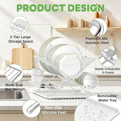 Stainless Steel Foldable Dish Drying Rack, 3 Tier Large Capacity Collapsible Folding Dish Drainer with Drainboard for Kitchen Counter (Upgraded)