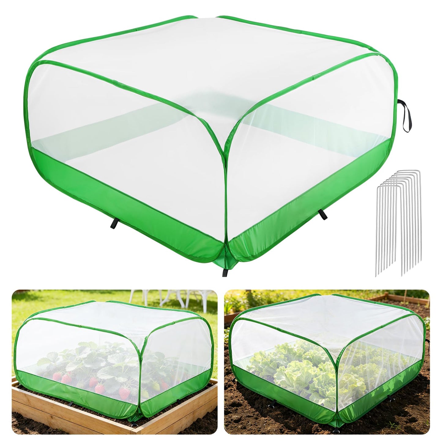 Pop Up Garden Netting for Square Raised Beds - 3.3'L x 3.3'W x 1.65'H Ultra Fine Mesh Net Plant Cover with 8 Stakes, Protection for Vegetables Fruit from Birds Pests