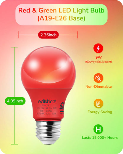 EDISHINE A19 LED Light Bulbs, 60W Equivalent, E26 Medium Base, Red & Green, Non-Dimmable, 9W, 4 Pack, ETL Listed
