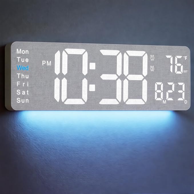 MASHI 2026 Upgrade Digital Wall Clock, 16" Large Display Digital Clock with Remote Control, Auto-Dimming Wall Clock with Night Light, DST, Date Week,Temp for Living Room, Gift for Elderly (Grey)