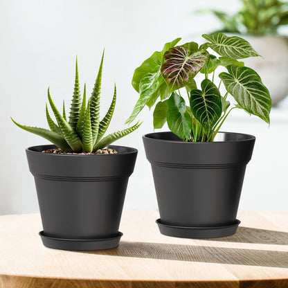 WSMKSZ 5 Inch Plastic Plant Pots with Drainage Holes and Trays – 6 Pack Small Nursery Pots for Indoor & Outdoor House Plants and Flowers, Seedling Starter Planters, Matte Black