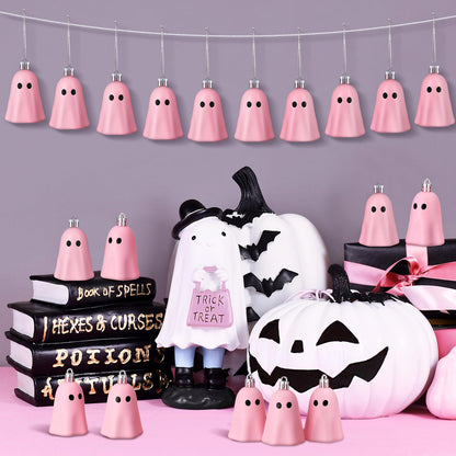 Tigeen 24 Pcs Halloween Hanging Ornaments Cute Ghost Decoration Halloween Tree Decoration Plastic Decorative Mini Ghost Ornaments for Home Tree Party Supplies (Cute,Pink)