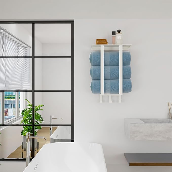 Bethom Towel Racks for Bathroom White, Storage with Shelf Wall Mounted | Stainless Steel, 3 Hooks, Towel Storage Rack with Shelf for Small Bathroom
