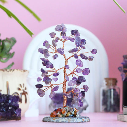 Amethyst Healing Crystal Tree of Life Natural Gemstone Agate Slice Base Copper Wire Wrapped Money Trees Feng Shui Reiki Spiritual Energy Decorations Home Office Room Desk Decor Gifts for Women Men