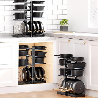 LAMU Pots and Pans Organizer under Cabinet, Adjustable Height Up to 24'', 6 Tier Pot Organizer Rack with 6 Horizontal Dividers, Adjustable Pot and Pan Organizer for Kitchen Storage, Black