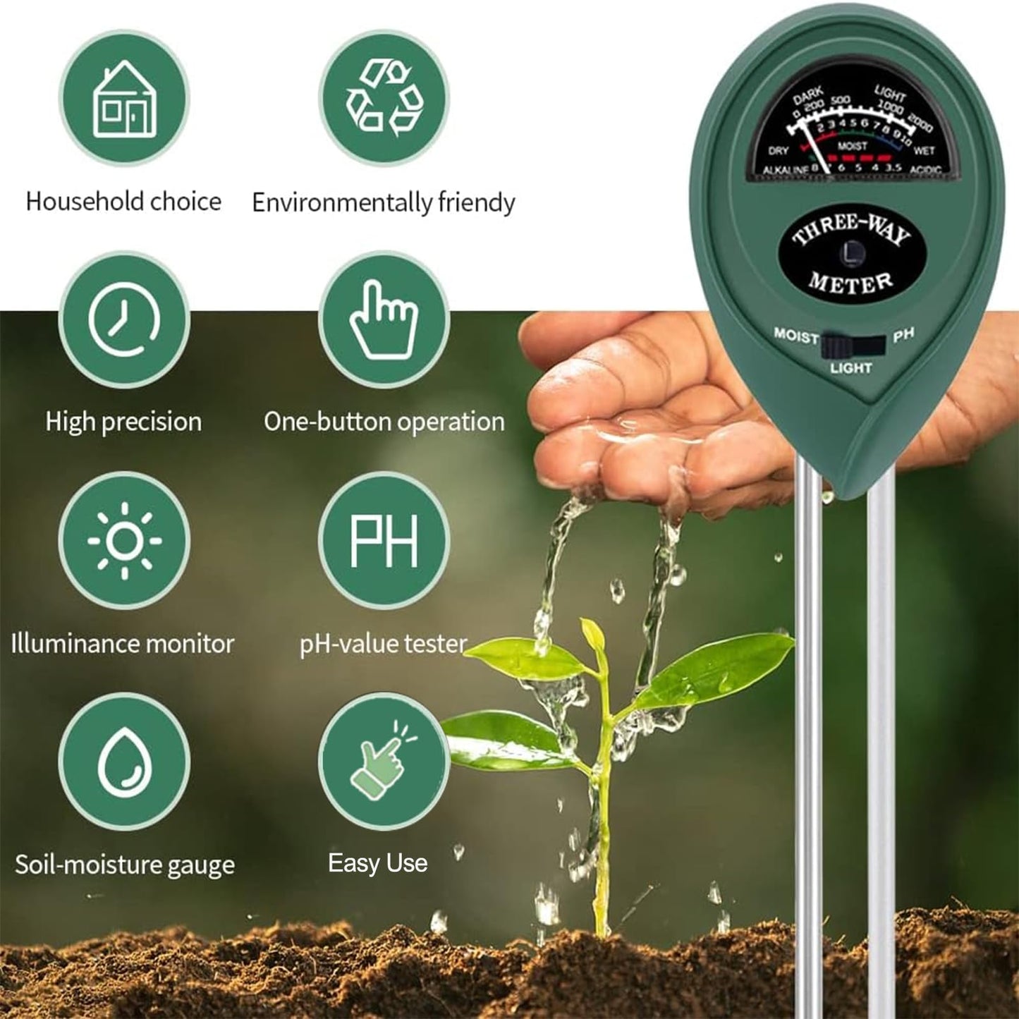 Soil Moisture Meter PH Tester: 3-in-1 Soil Test Kit Plant Water Meter for Garden Light Thermometer Testing Houseplants Moisture Hygrometer Ph Acidity Sensor for Lawn Farm Indoor and Outdoor Use