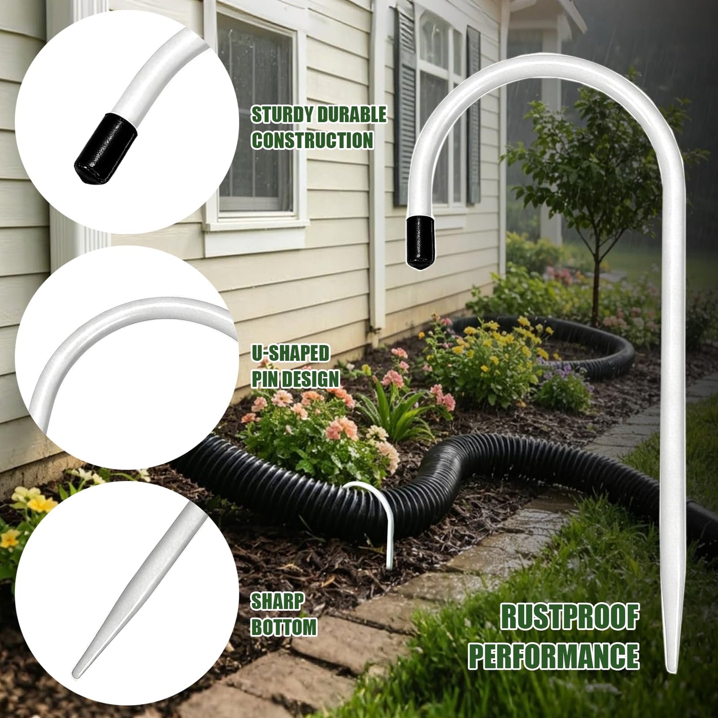 Chiliqi 4 Pack Rain Gutter Downspout Extension Fixing Pin, U-Shape Downspout Anchor Stake Fit 4" Round Downspout Extensions, Easy to Install for Efficient Rainwater Management (White-4 Pack)