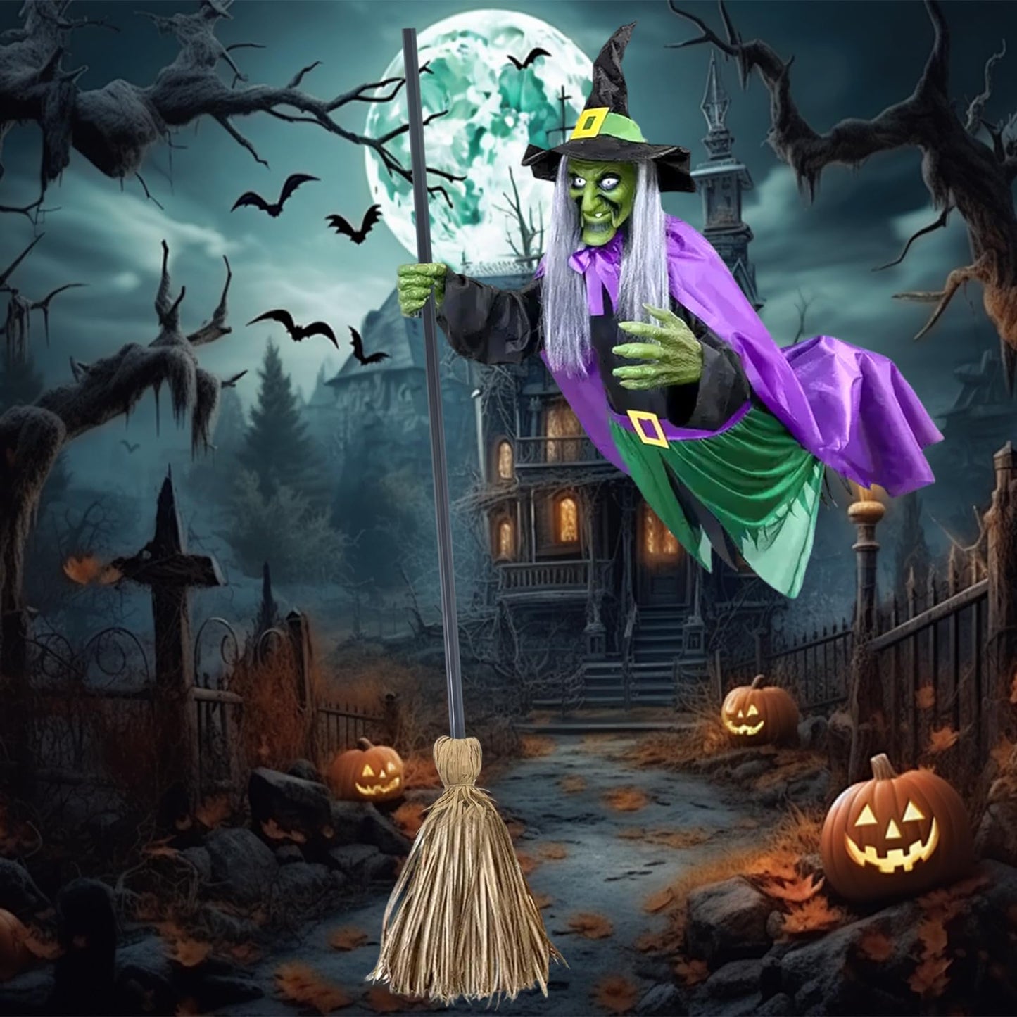 TitTees Halloween Decorations Outdoor - 11.5 Ft Animated Hovering Witch Animatronics - Sound & Touch Activated Sensor - Scary Halloween Decorations for Outdoor Garden/Yard/Lawn