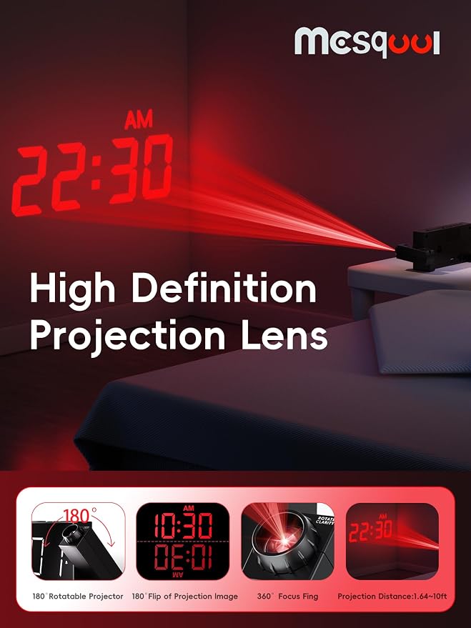 Mesqool Projection Alarm Clock with Bed Shaker, Dual Alarms, 180° Projector, 5-Level Dimmer, USB Phone Charger, Battery Backup, Loud Vibrating Alarm Clock for Heavy Sleepers, Snooze, DST