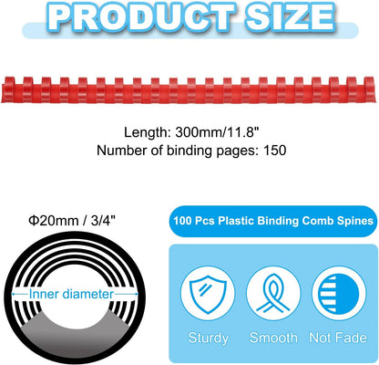 PATIKIL 20mm (3/4") Plastic Binding Combs, 100 Pcs 21 Rings Comb Binding Spines 150 Sheet Capacity Letter Size for Binding Paper Sheets Notebook Calendar Picture Album, Red