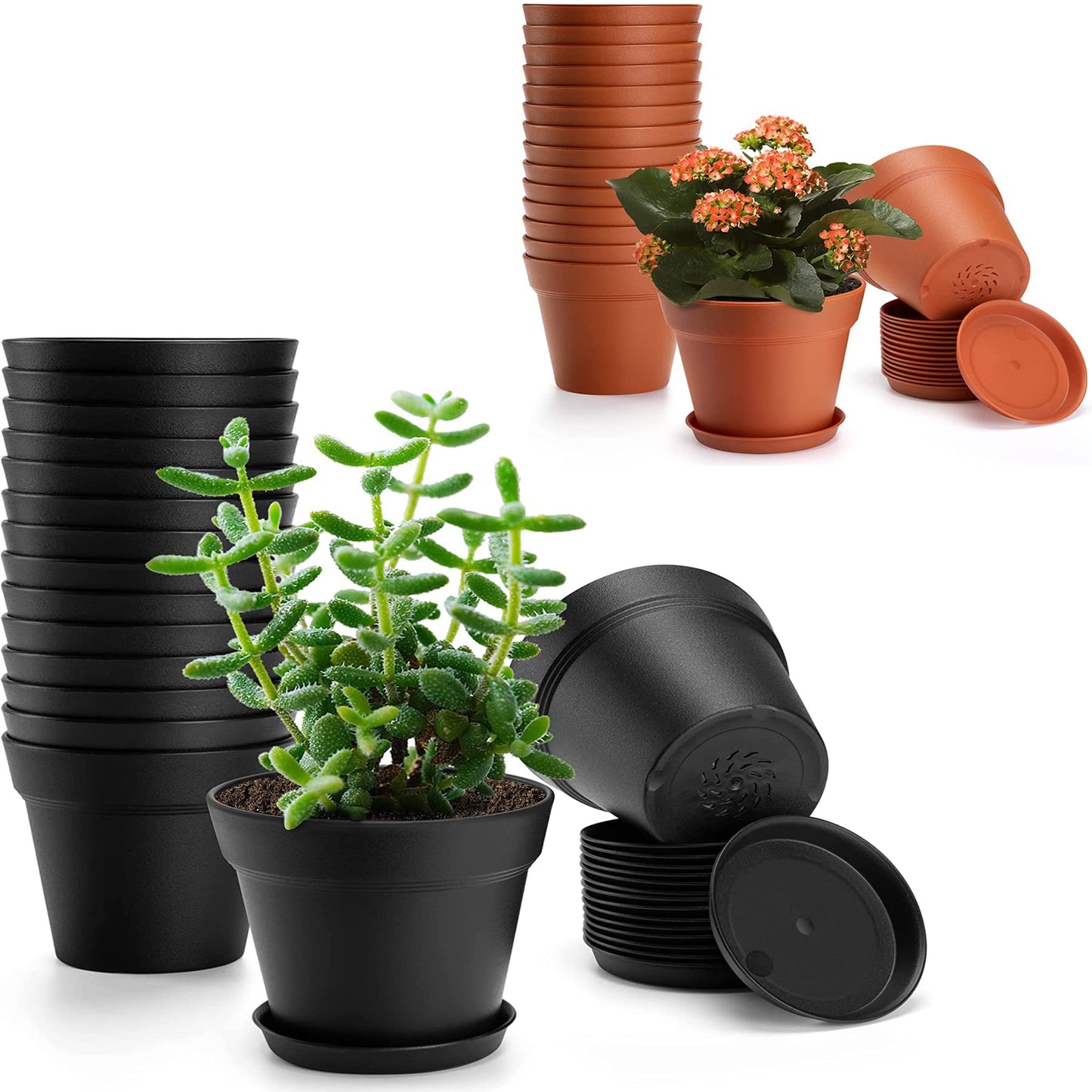 FHWTY 16 Pack Plastic Plant Pots YE & 16 Pack Plastic Plant Pots BK