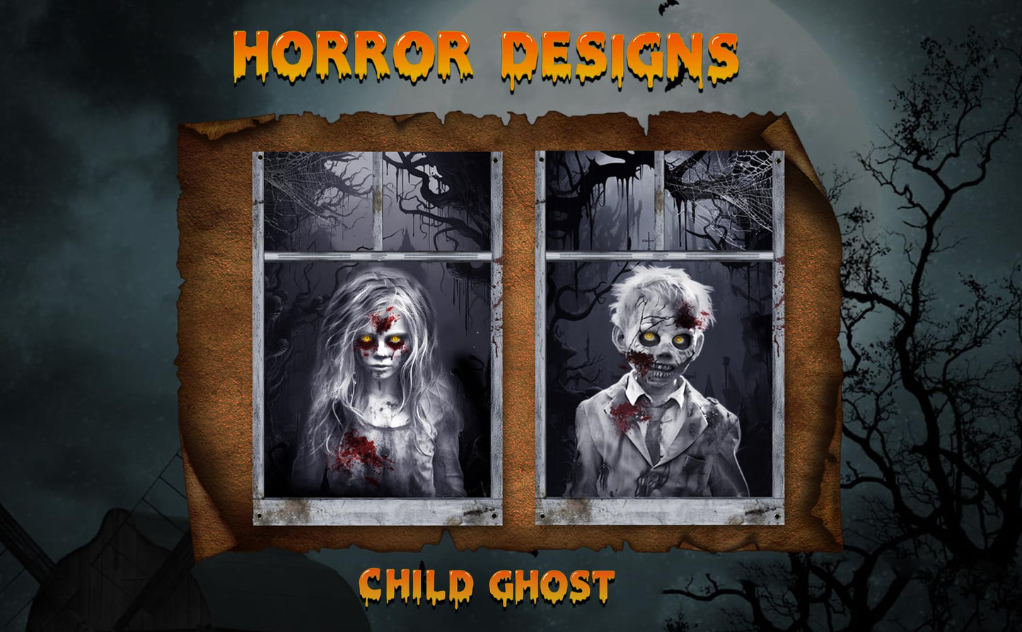 Recailly Halloween Ghost Curtains Decorations, 2 Pack, Window Silhouettes, Horror Little Girl and Boy Window Cover Indoor Decor（Kids Ghost）