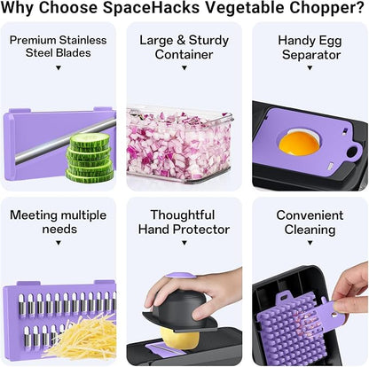 SpaceHacks 12-in-1 Vegetable Chopper, Kitchen Gadgets with 7 Blades, Veggie, Food, Onion Chopper, Cucumber Slicer, Versatile Mandoline, Includes Egg Separator & Finger Guard, Purple