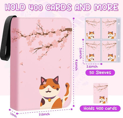 Premium 4 Pocket Trading Card Binder,400 Capacity with 50 Removable Sleeves | PU Leather Zipper Album Book for Sports Cards, Game | Card Storage & Organization for Girls Collector Sakura Pink