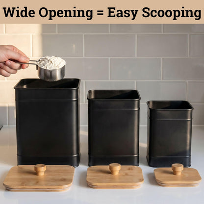 Kitchen Canisters for Countertop Set of 3 with Customizable Chalkboard Labels & Marker Pen - Big Iron Kitchen Canisters with Airtight Lids - Black Canister Set - Flour and Sugar Containers Farmhouse