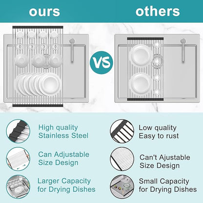 BBXTYLY Extra Large Expandable Roll Up Dish Drying Rack,Over The Sink Drying Rack Sink Cover Kitchen Sink Accessories Kitchen Rolling up Stainless Steel Drainer, Foldable,Rollable（Black，22.8''-17.3''）