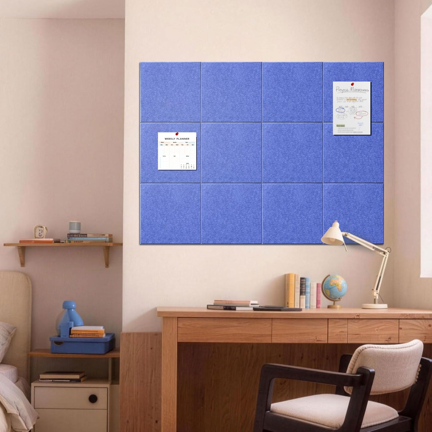 MISSDAY Blue Acoustic Wall Panel Felt Bulletin Board 48" x 36" Cork Board for Wall, 12-Pack Boards with 72 Removable Adhesive Tabs, 50 Pins, Pin Board for Home Office Classroom Soundproof Wall Tile