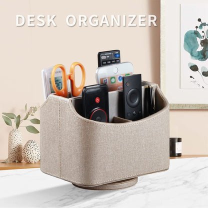 Remote Control Holder, Swivel Desk Organizer and Decorations for Living Room, Bedside Table Organizer Remotes Caddy for TV Controllers/ Stationery/ Art Supplies/ Pen, PU Leather Room Decor Aesthtic