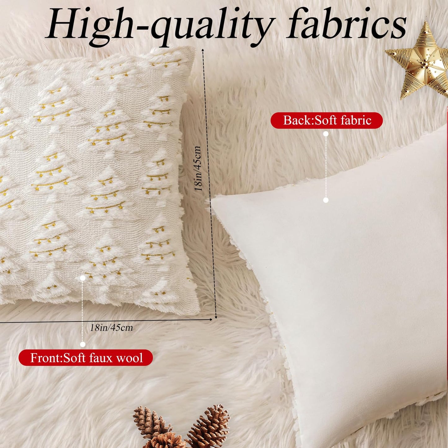 4 Pcs Christmas Throw Pillow Covers 18x18, Soft Faux Fur Pillow Cases Holiday Decorations, Fluffy Plush Accent Couch Cushion Case for Festivals Winter Sofa Living Room Home Decor(White Tree)