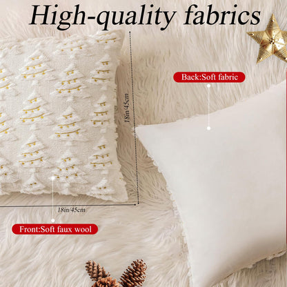 4 Pcs Christmas Throw Pillow Covers 18x18, Soft Faux Fur Pillow Cases Holiday Decorations, Fluffy Plush Accent Couch Cushion Case for Festivals Winter Sofa Living Room Home Decor(White Tree)