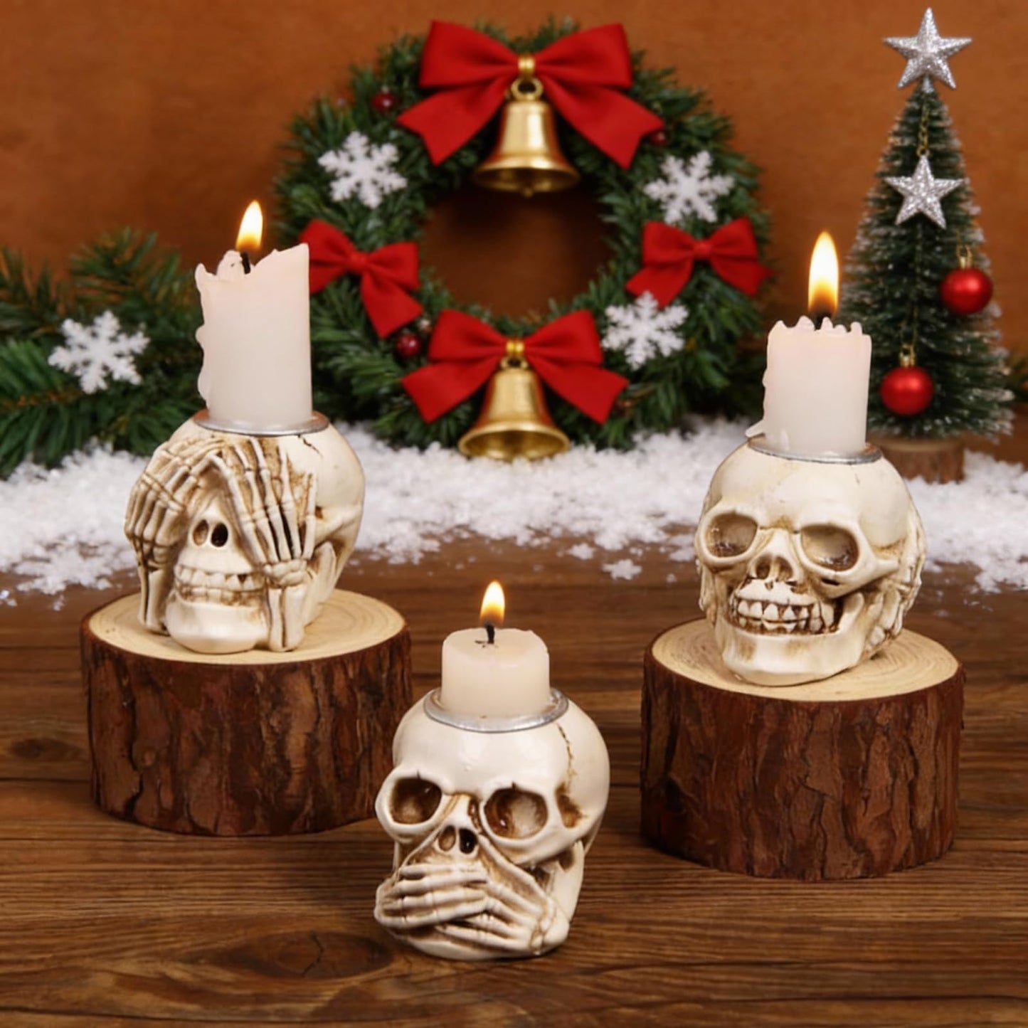 Christmas Skull Candle Holders Set of 3 – Gothic Skeleton Head Xmas Decorations for Spooky Home Décor, Haunted House, Party Centerpiece, Horror Candle Holder Gifts