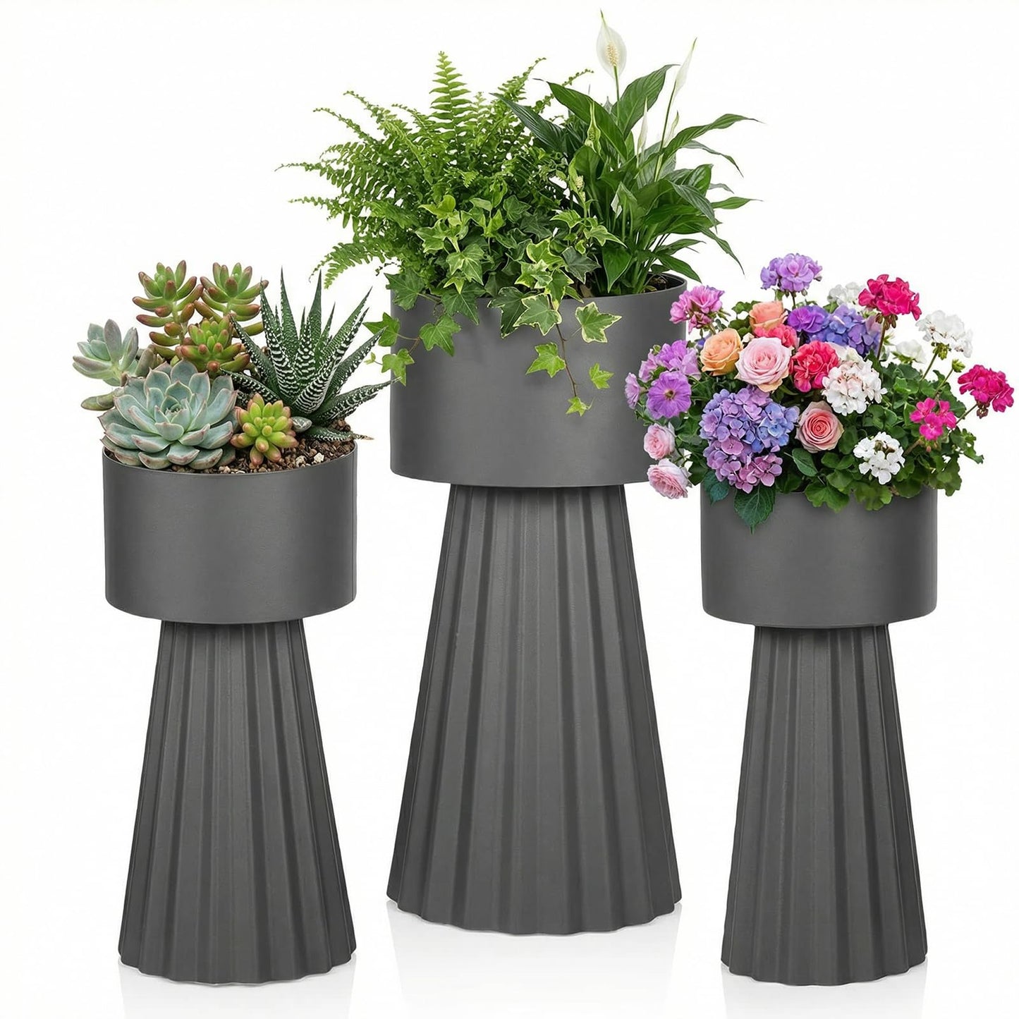 EVLIQUIL Tall Planters, Modern Iron Flower Pots Set of 3, Large Decor Plant Pots, Indoor & Outdoor for Porches, Patios and Courtyards