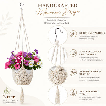 LAGWIUY 40 Inch Macrame Plant Hanger 2 Pack, White Hanging Planters with S-Shaped Hooks for Indoor Outdoor Plants, Home Decor