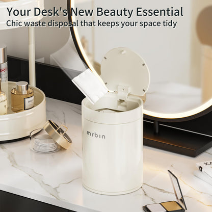MRBIN Mini Desktop Trash Can with Press Lid, 1.5L/0.4Gal Cylindrical Stainless Steel Tabletop Garbage Bin, Cream White, Anti-Fingerprint, Small Waste Basket for Desk, Vanity, Office, Bedroom