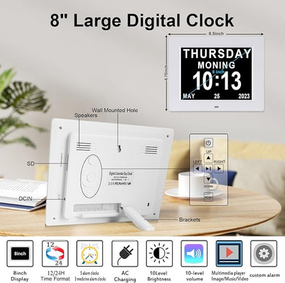 Johnziny 8 Inch Digital Clock Large Display Dementia Clocks with Day and Date for Seniors,8 Alarms Options Digital Clock,Digital Calendar with Large Number and Custom Alarms White