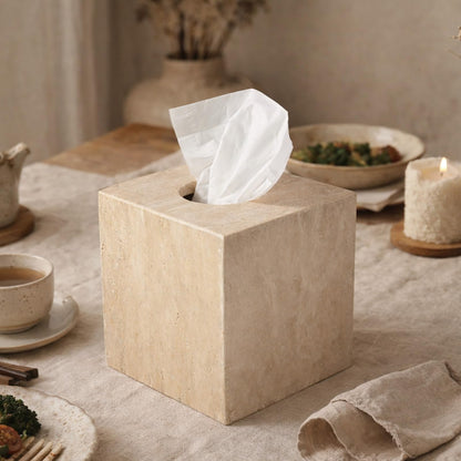 Koville Marble Tissue Box Cover, Heavy Square Tissue Cube Cover Tissue Organizer with Open Bottom for Countertop, Decorative Stone Facial Tissues Boxes Holder for Bathroom Bedroom Kitchen (Beige)