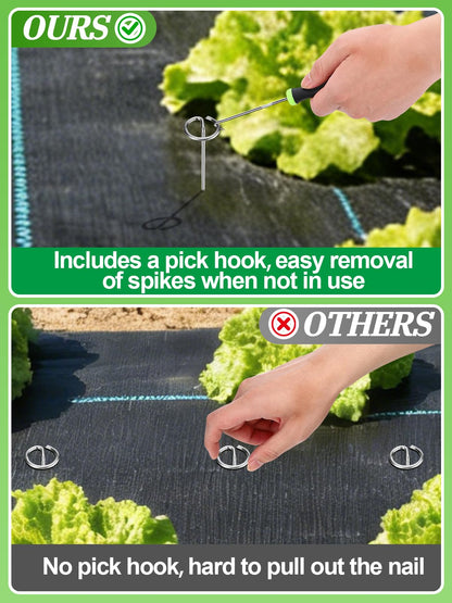 6 Inch Landscape Staples with Hook & Hammer - 200pcs Circle Top Weed Barrier Stakes Kit, 9 Gauge Galvanized Rust-Resistant Garden Fabric Pins, for SOD, Garden Edging, Install & Remove Tools Included