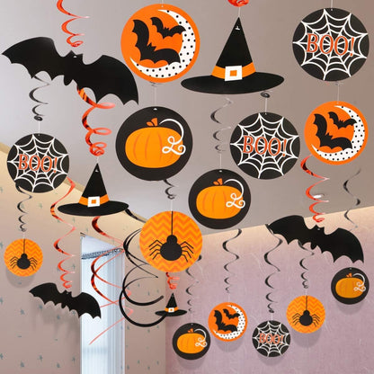 AYOGU 30 Pieces Halloween Decorations Party Hanging Swirl, Witches Hat, Bats, Spider, Ceiling Hanging Party Favor Indoor Decoration Plastic Streamer
