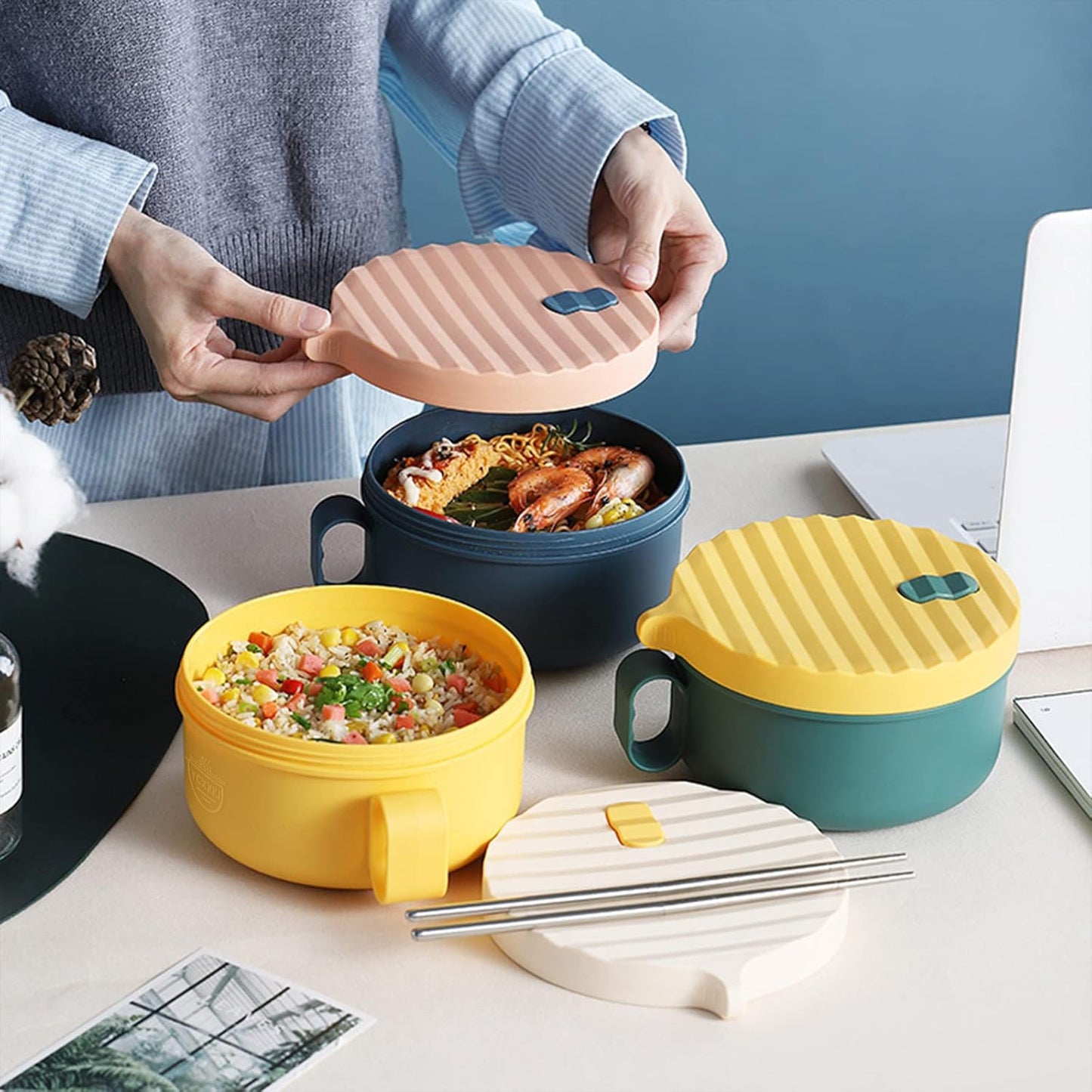 YCXXKJ Microwave Ramen Bowl Ramen Cooker with Handles Noodle Bowls with Lid and Chopsticks Dishwasher Safe for Home Office College Dorm Room(Yellow & Green)