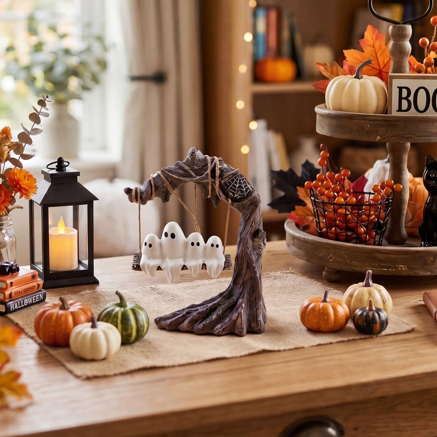 Leinuosen Swinging Ghost on Tree Halloween Table Decor Spooky Resin Statue Halloween Ghost Figurine Swinging Shadows Centerpiece Tiered Tray Decor for Home Desktop Bookshelf Indoor Outdoor Garden