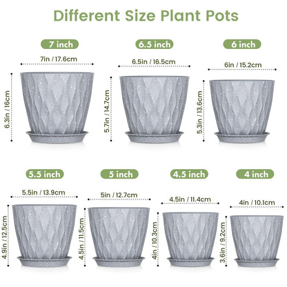 Meowell 7/6.5/6/5.5/5/4.5/4 inch Plant Pots for Indoor Outdoor Plants, 7 Pack Thick Flower Pots with Drainage Holes and Saucers, Modern Wave Texture Plastic Planters Nursery Pots, Speckled Grey