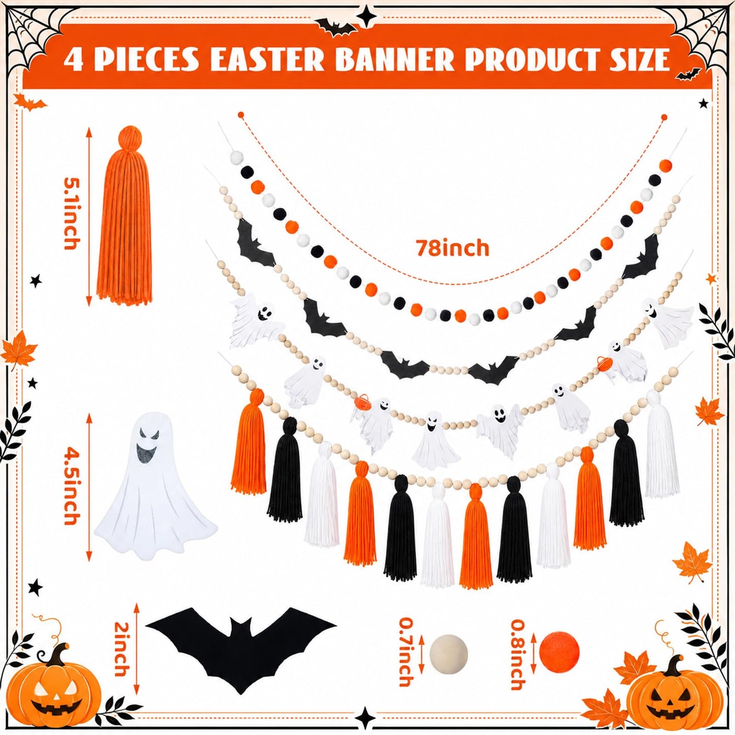 RattanView 4 Pcs Halloween Banner Set 6.6ft Wooden Bead Ghost Bat Tassel Garland Black Orange White Decor Spooky Hanging Banners Trick or Treat Garland for Halloween Home Fireplace Mantel Decoration