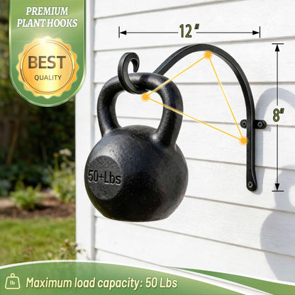 AJART Heavy-Duty Plant Hanger Outdoor - Can Hold 50 Lbs Plant Basket or Large Bird Feeder - 12 Inch Solid Iron Windproof, Rustproof Wall Hooks - with Triangular Stability - 2 Pieces
