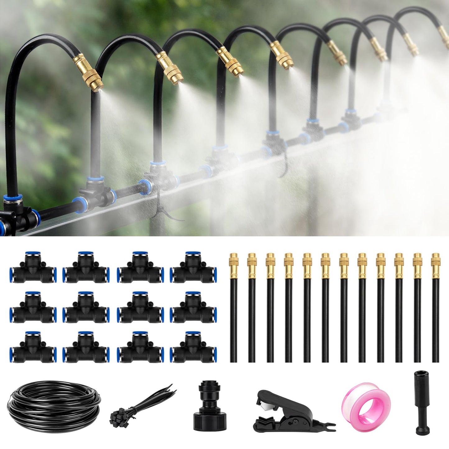 39FT Garden Mister System, Automatic Garden Watering System with 360-degree Bending Dropper Atomizing Copper Nozzle, Drip Irrigation System for Garden, Greenhouse, Yard, Lawn, Plant (12 Spray Nozzles)