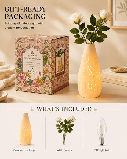 TACAHE Ceramic Vase Table Lamp, 2700K Bulb & 3 Artificial Flowers Included, E12 Socket, Inline Switch, Handmade Openwork Craft, Ambient Light for Living Room Bedroom - Tulip 11"