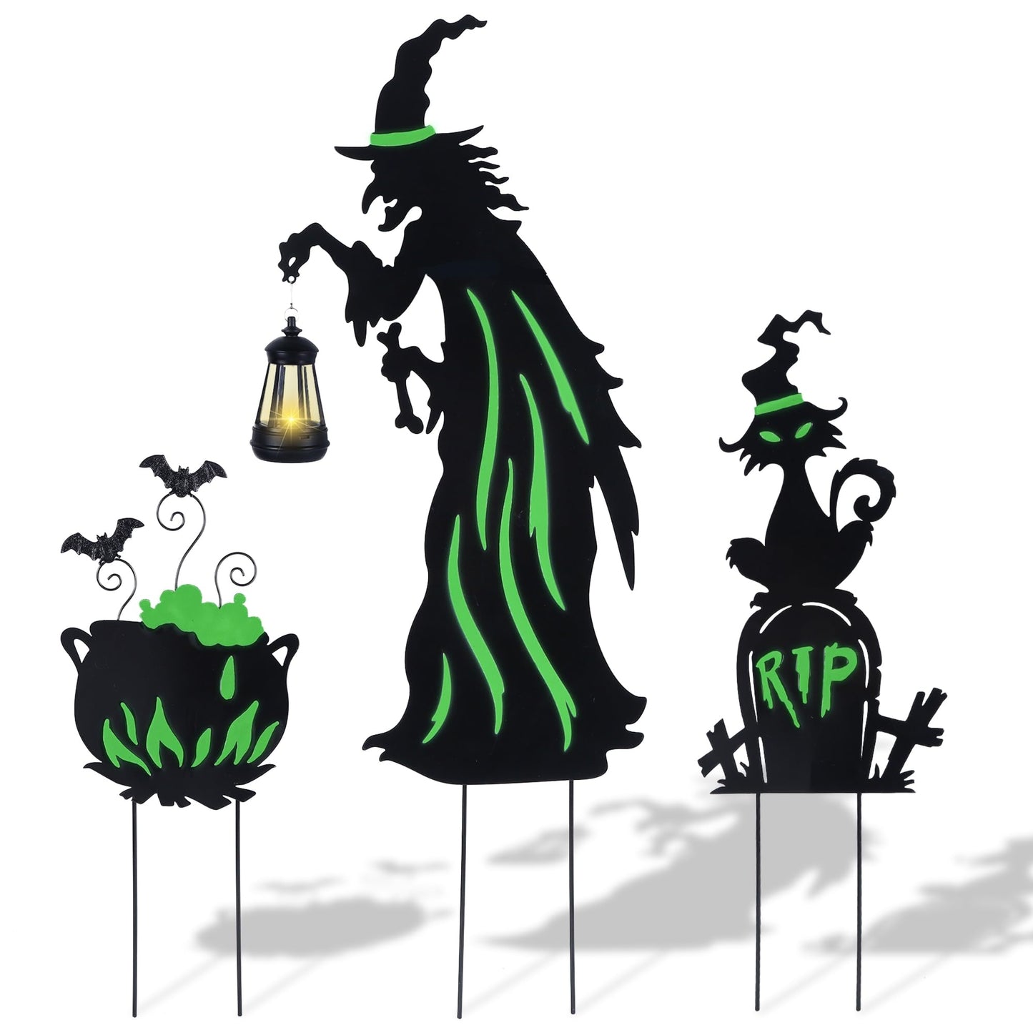 Prsildan Halloween Decorations Outdoor - 3 Pack Metal Witch Yard Stakes with Solar Lantern & Glow in The Dark Cauldron + Tombstone, Lighted Witches Silhouette Decor for Porch Garden Lawn Cemetery